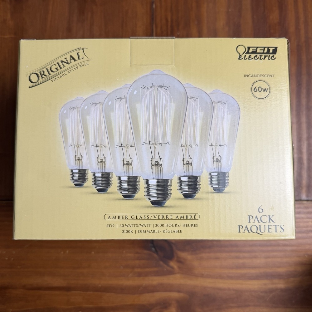 Feit Electric 6 Pack 60W Amber Glass 3000 Hours Dimmable Vintage Style Bulb